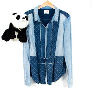 Blue Anthropologie mixed print button down